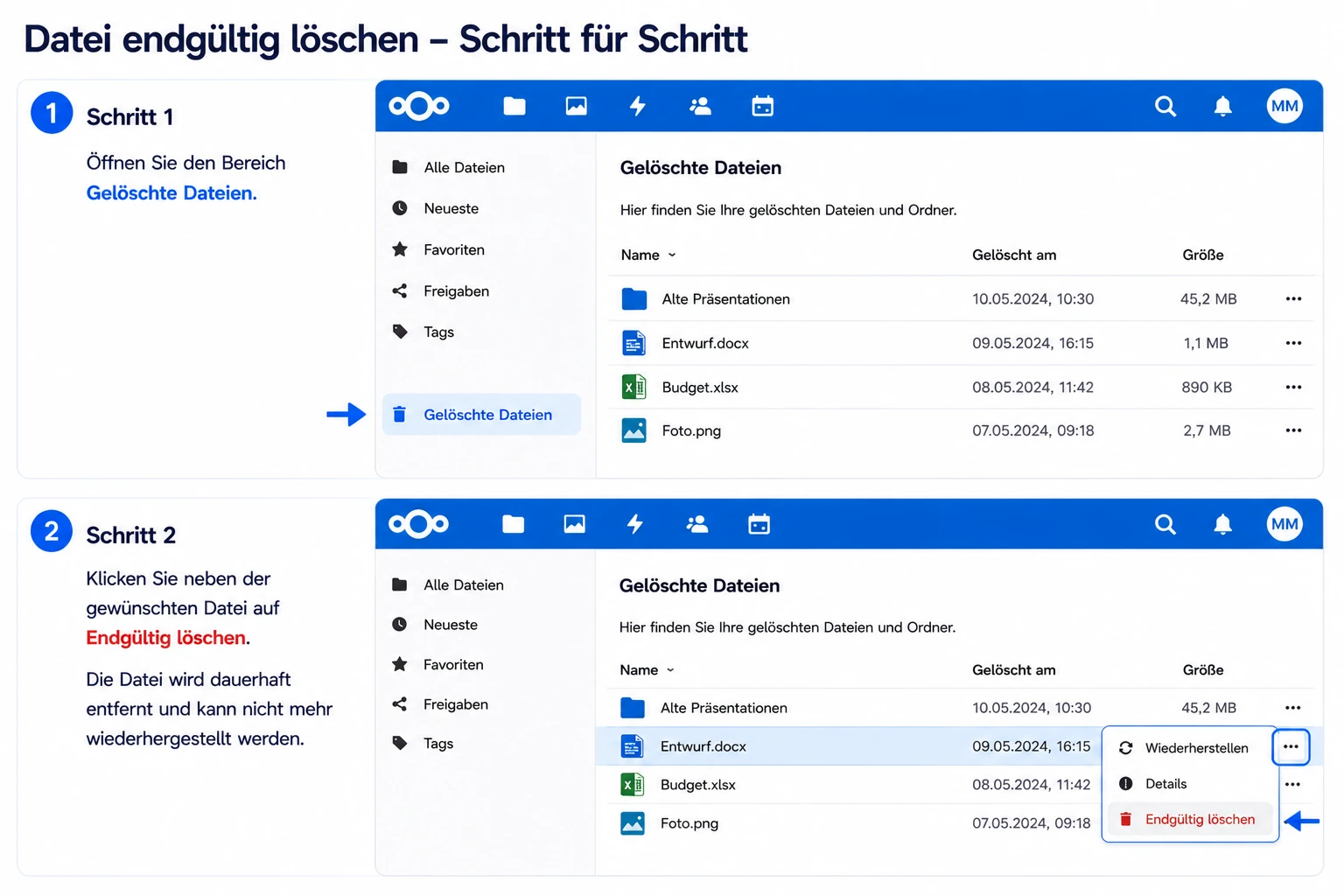 Nextcloud Dateien endgültig löschen
