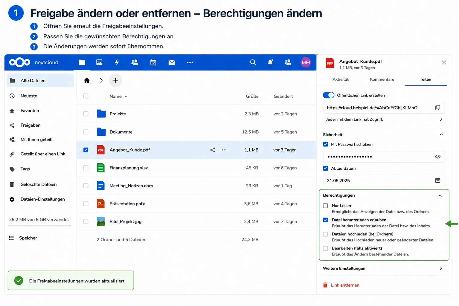 Nextcloud teilen Freigabe ändern