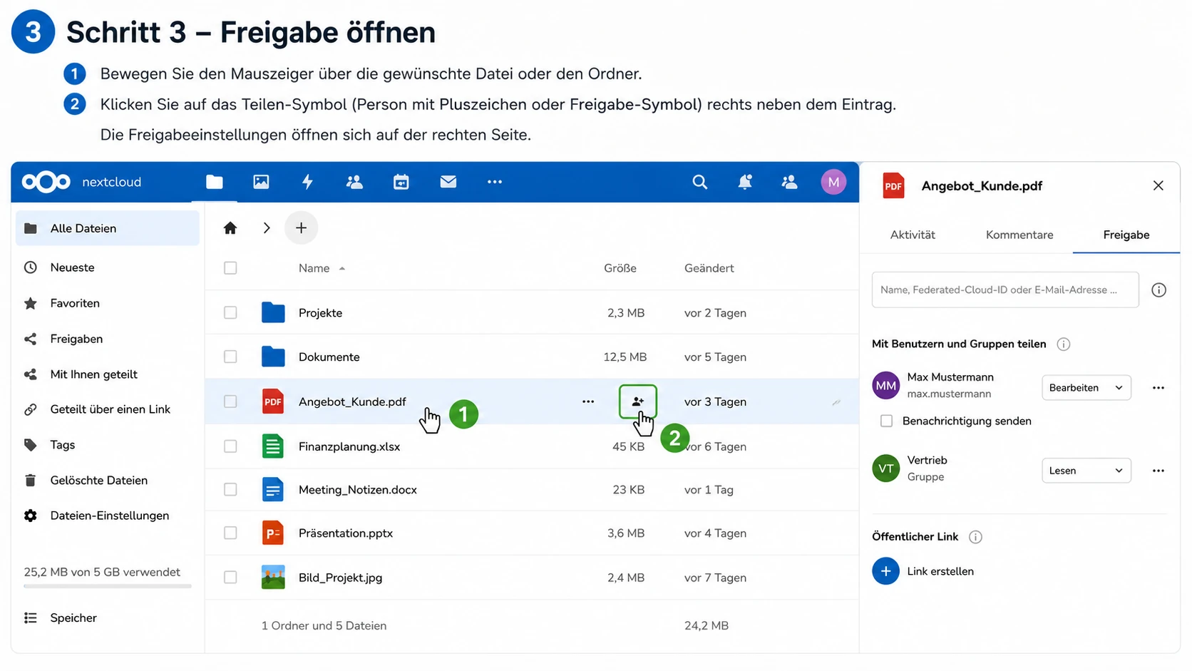 Nextcloud Freigabe öffnen