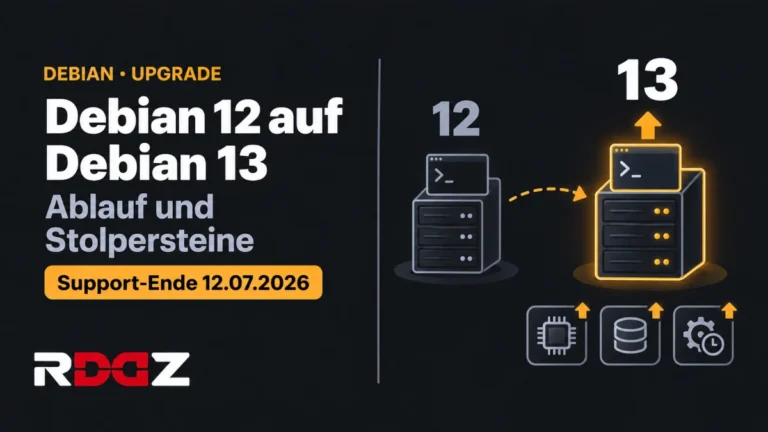 Debian 12 auf Debian 13 upgraden: Was Selbsthoster jetzt wissen sollten Grafik: Umzug von Debian 12 auf Debian 13, mit höheren Anforderungen für PHP, Datenbank und Betriebssystem
