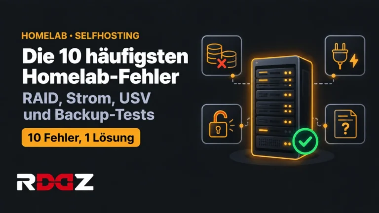 Homelab: Die 10 häufigsten Fehler Grafik: Homelab mit Server, Backup, USV und Netzwerk – die zehn häufigsten Fehler beim Selfhosting