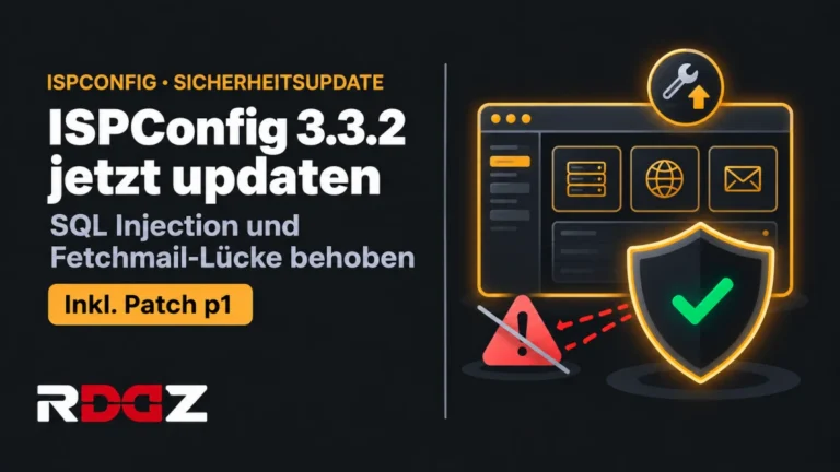 ISPConfig 3.3.2: Sicherheitsupdate mit wichtigen Änderungen Grafik: Control-Panel-Fenster mit Schutzschild, grünem Häkchen und abgewehrter Sicherheitslücke – ISPConfig 3.3.2 Sicherheitsupdate