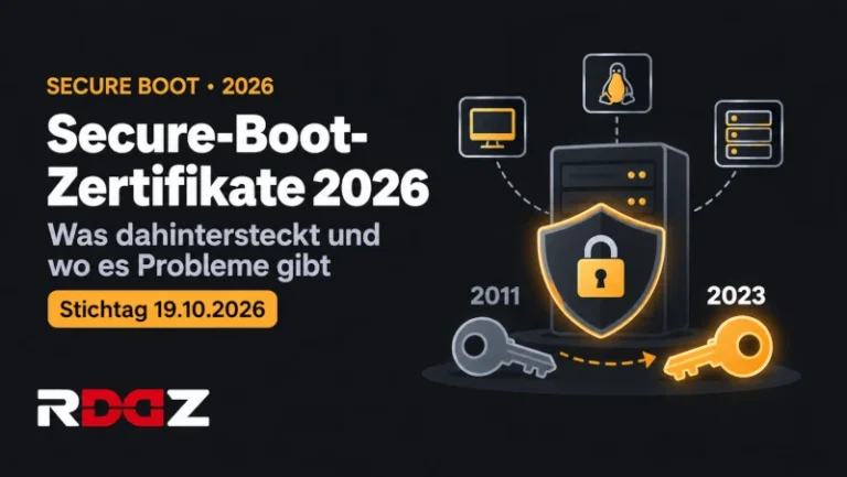 Secure-Boot-Zertifikate 2026: Was dahintersteckt und wo es Probleme gibt Grafik: Schild mit Schloss vor einem Server, alter Schlüssel wird durch neuen ersetzt – Secure-Boot-Zertifikate 2026