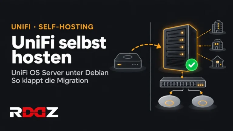 UniFi auf eigenen Server migrieren – UniFi OS Server unter Debian Grafik: Umzug vom alten Controller auf einen eigenen Server mit Switch und Access Points – UniFi OS Server