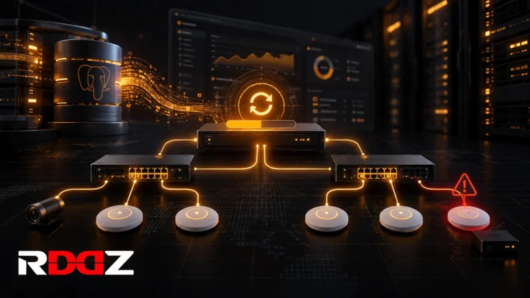 UniFi Network 11: Alle Neuerungen und wichtige Upgrade-Hinweise Abstrakte Netzwerk-Topologie-Illustration zu den Neuerungen von UniFi Network 11 im RDDZ-Markenstil
